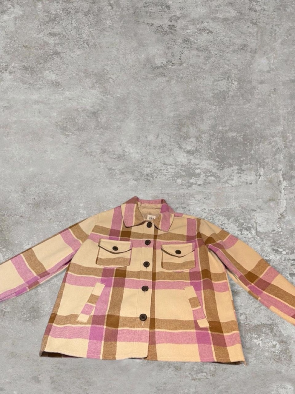 GAP Beige, Pink & Brown Plaid Wool-Blend Pea Coat